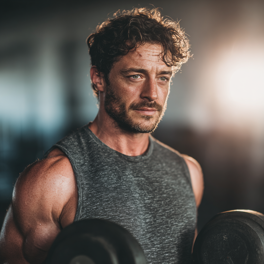Confident athletic man in gym setting lifting weights with focused determination