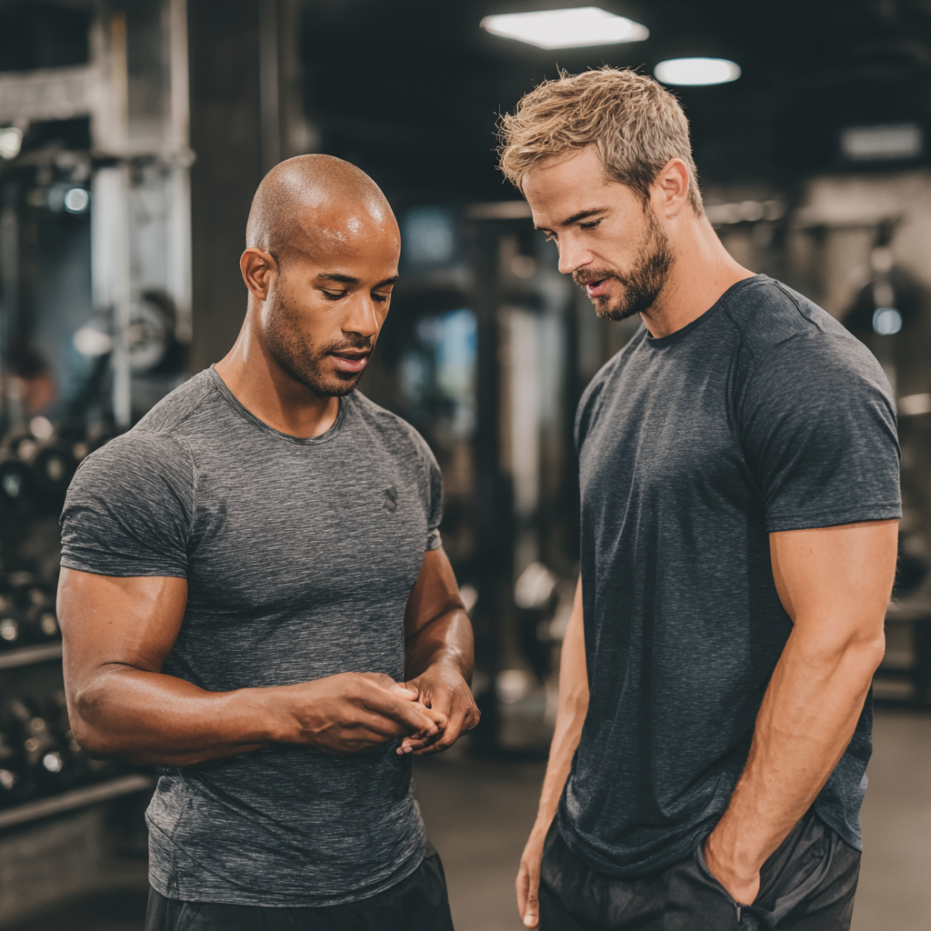 Professional fitness coach explaining workout technique to focused male athlete in modern gym environment